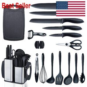 18-Piece Cooking Utensils Set with Knives Stainless Steel Holder Minimal Chic